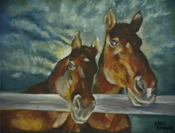 Ollie and Echo and the Super Moon - horse painting by Karen Brenner